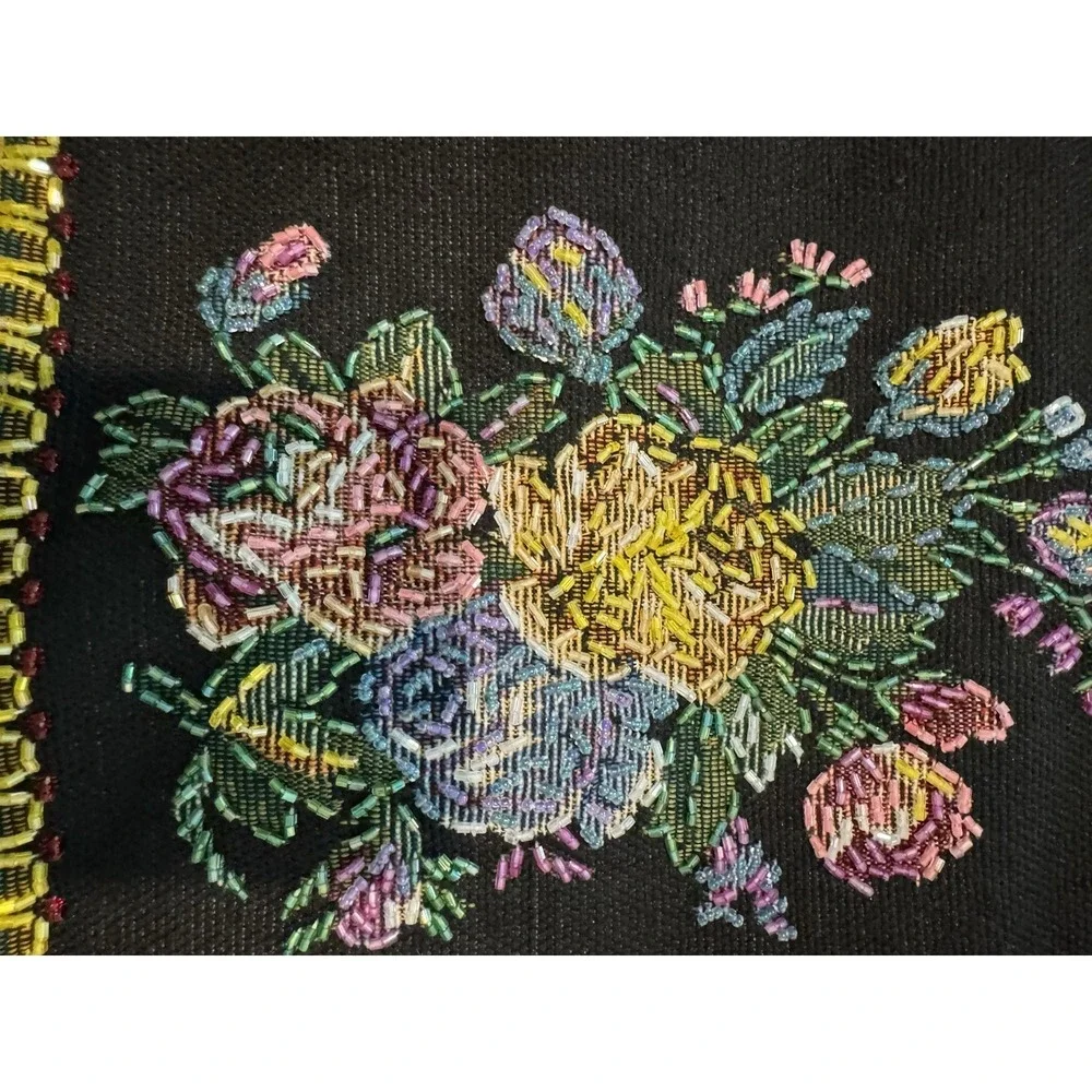 VTG 70s Beaded Floral Tapestry Bag Bamboo Handle Boho Handbag